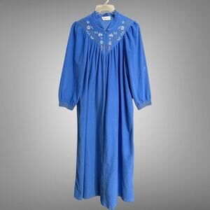 Vintage Vanity Fair Embroidered Full Robe House Coat Blue Zip Cottage Large
